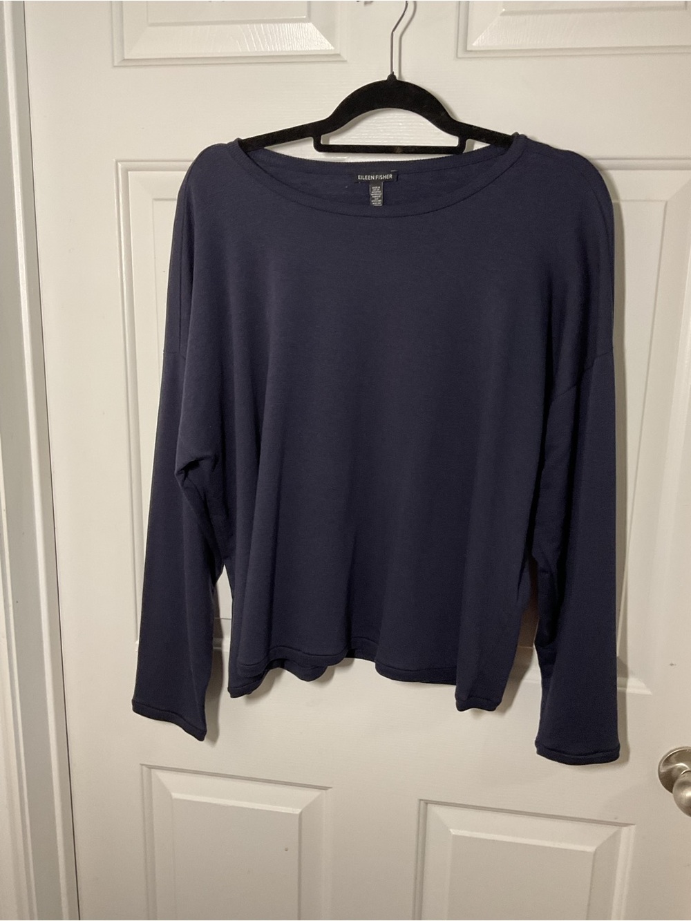 Eileen Fisher Ink Blue Boxy Boat Neck Top Lyocell Organic Cotton Large - Picture 5 of 9